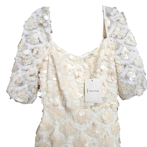 Nwt Fanco Off Shoulder Creme Lace Mesh Sequin Short Sleeve Square Neck  Dress - Picture 8 of 17